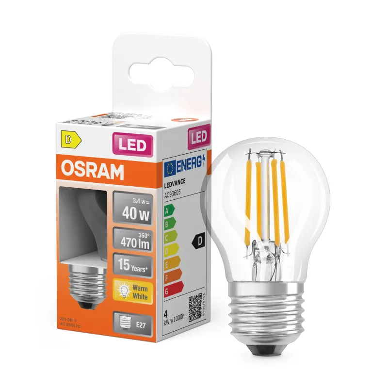 Outlet OSRAM Ampoule LED Sphérique clair filament 4W=40 E27 chaud OSR