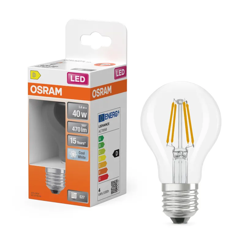 Hot OSRAM Ampoule LED Standard clair filament 3,4W=40 E27 froid