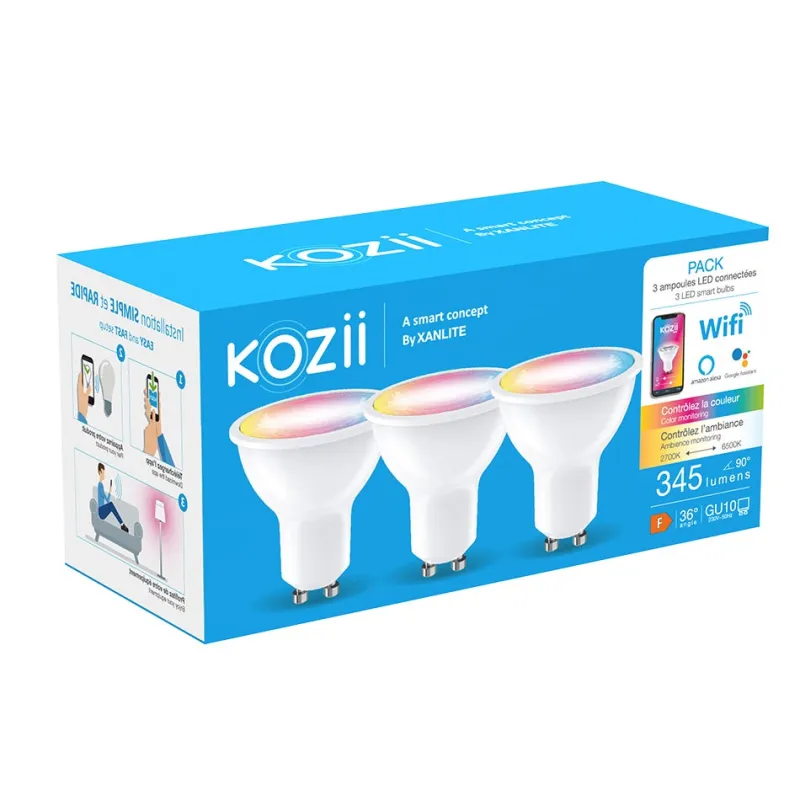 Sale Ampoule spot LED connectée Kozii GU10 345lm 4,7W RVB x3