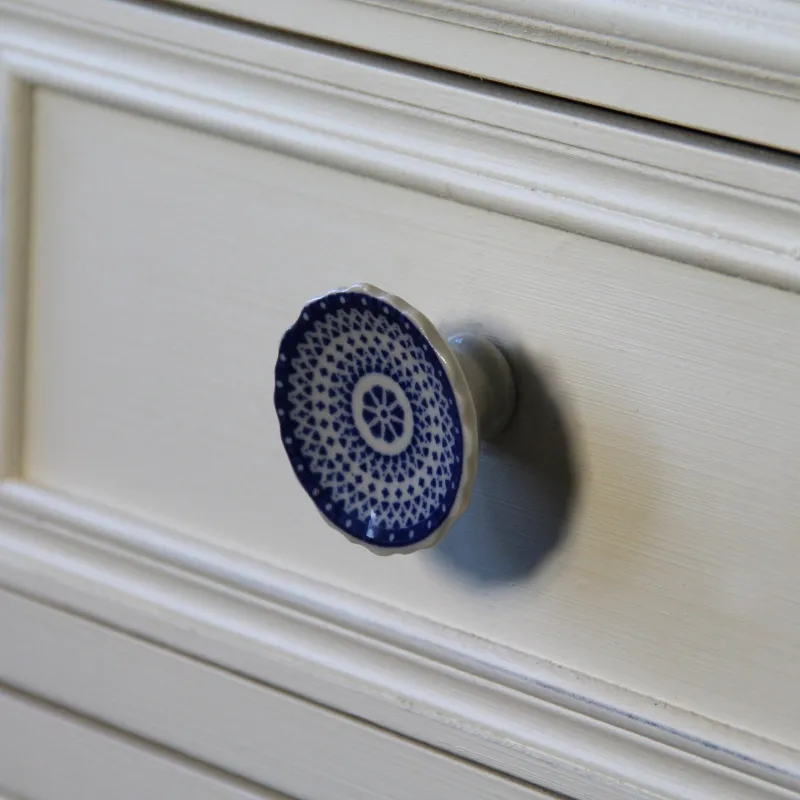Bouton conique Ø44 mm céramique décor bleu x2