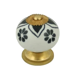 Online Bouton 40 mm en céramique blanc motif noir laitonné x2