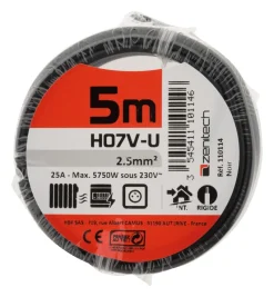 Sale ZENITECH Câble électrique rigide H07V-U 2,5mm² 5M NOIR FILM