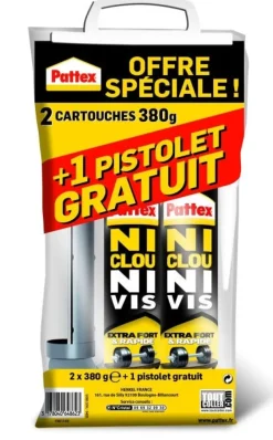 PATTEX Colle Ni clou Ni vis cartouche 380g (x2) + 1 pistolet