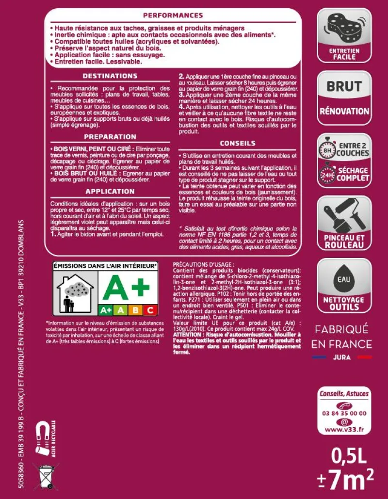 Outlet V33 Huile spéciale plan de travail incolore mat 0,5L