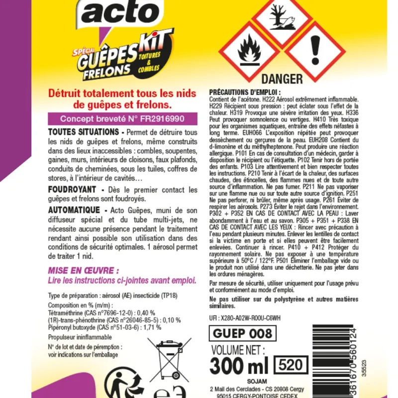Discount ACTO Kit aérosol toitures et combles nids de guêpes/frelons 300ml
