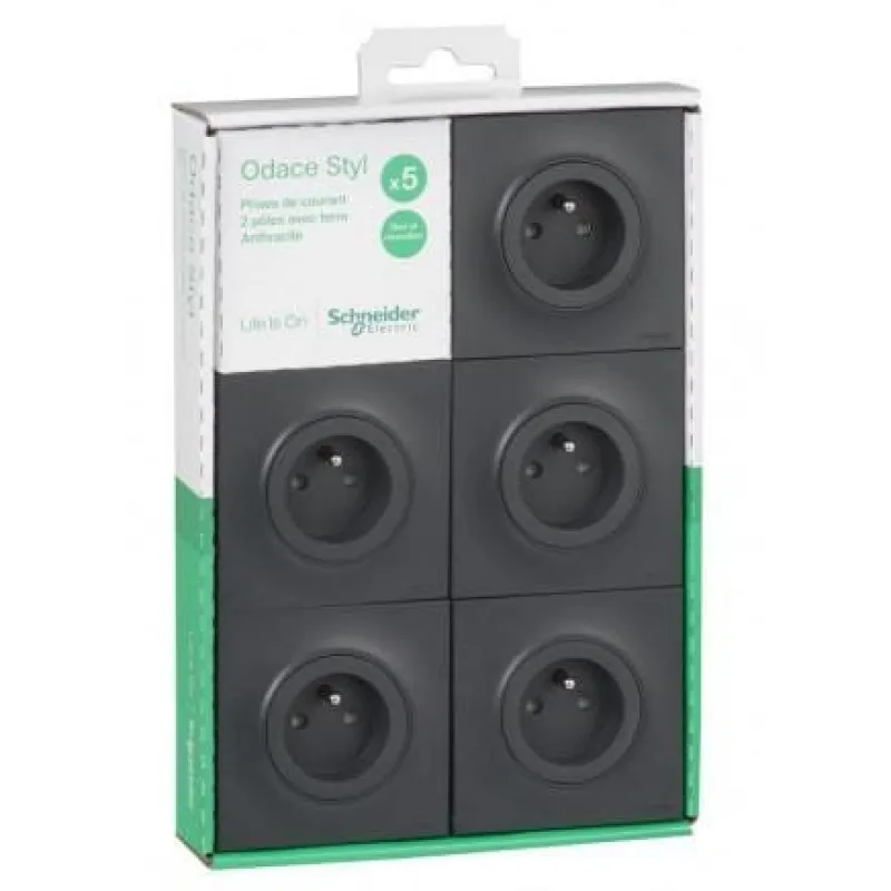 Sale SCHNEIDER Lot de 5 prises 2 pôles Odace plaque style anthracite +terre