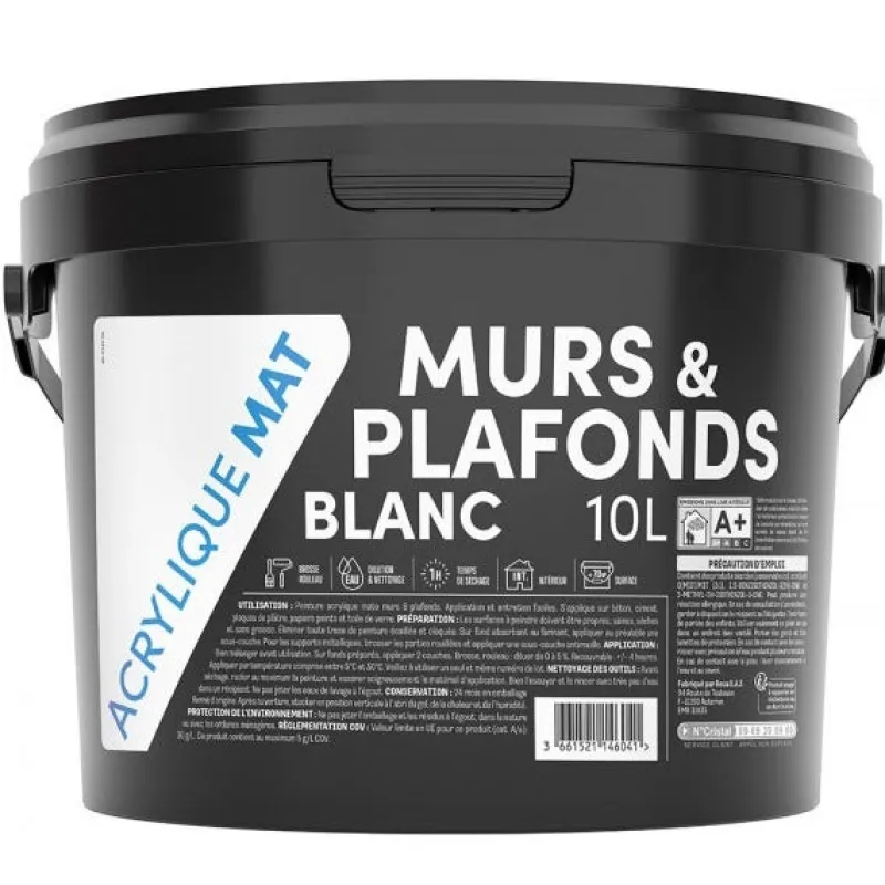 Hot Peinture acrylique pour murs/plafonds blanc mat 10L
