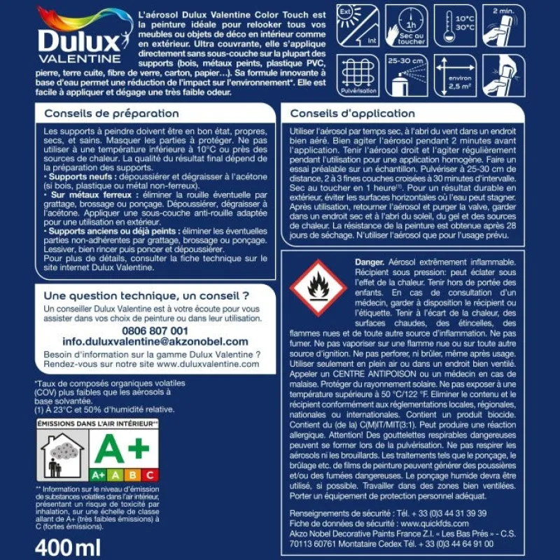 Hot DULUX VALENTINE Peinture aérosol color touch brillant rouge feu 400ml