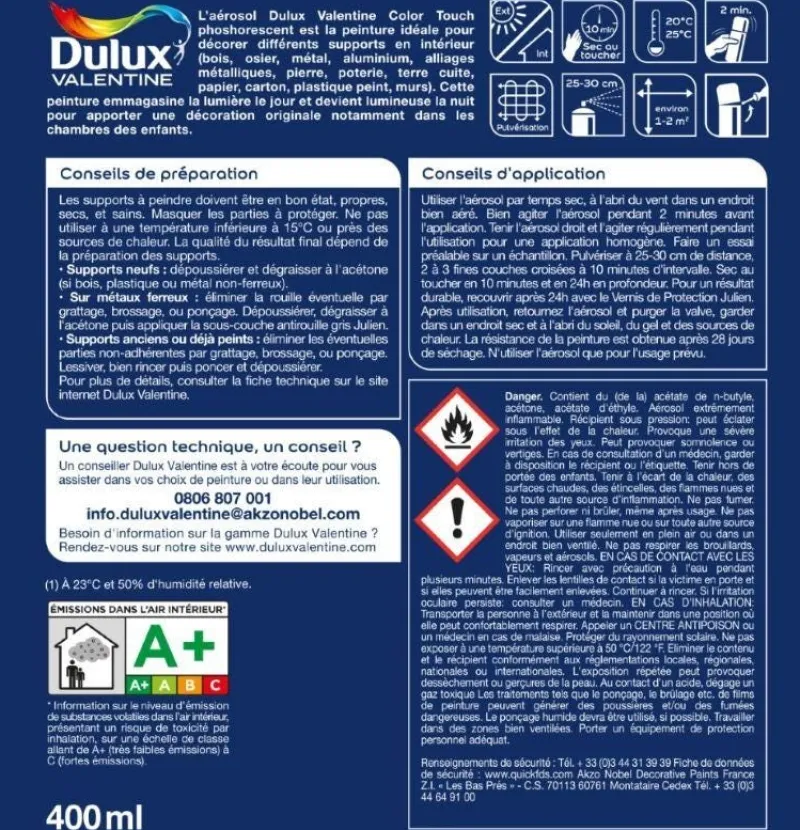 Clearance DULUX VALENTINE Peinture aérosol color touch effet phosphorescent 400ml