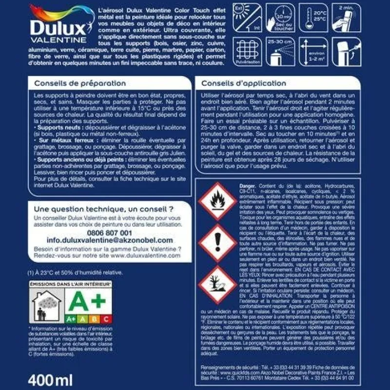 DULUX VALENTINE Peinture aérosol Color Touch Effet Métal Or Antique 400ml