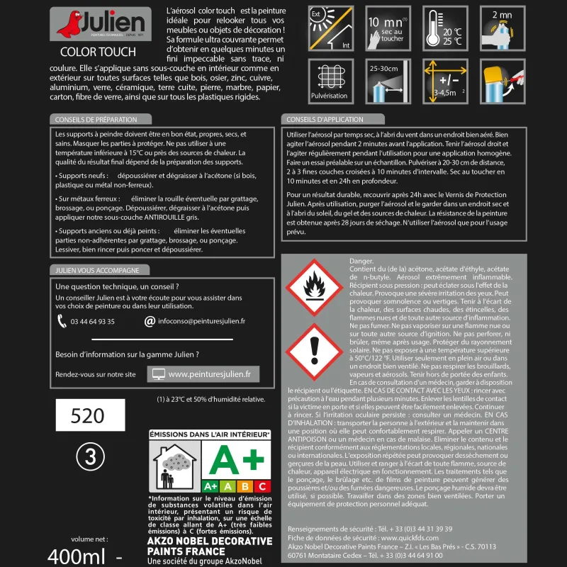 Clearance JULIEN Peinture Aérosol Color Touch Satin Titanium 400 ml