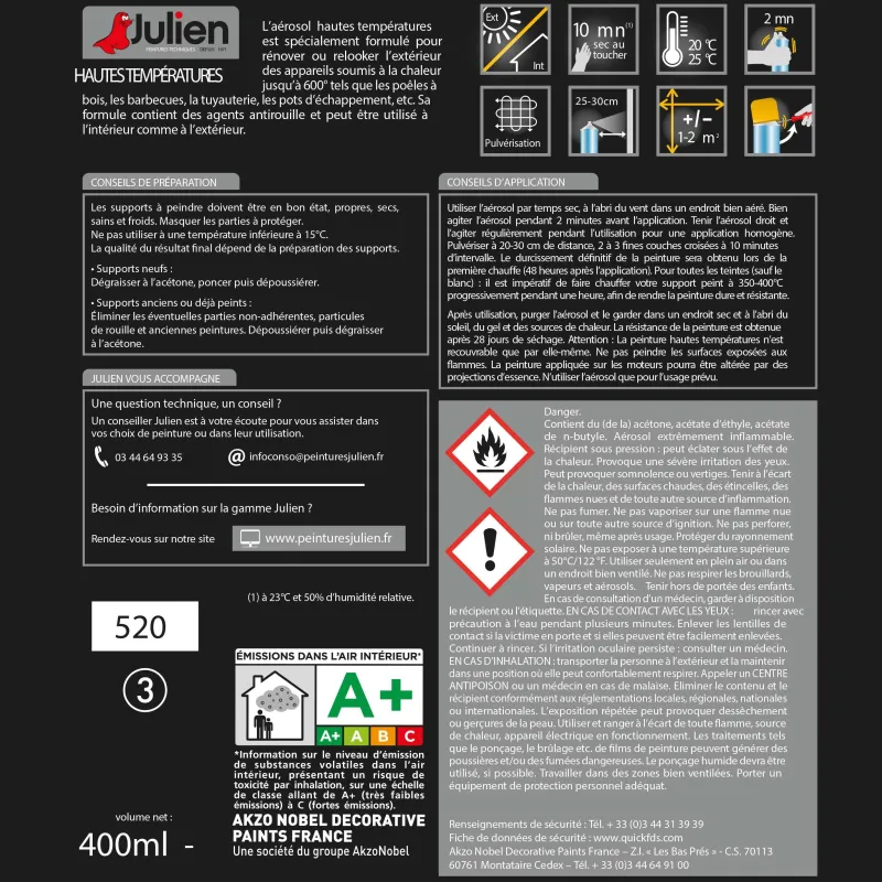 JULIEN Peinture Aérosol Hautes Temperatures Mat Noir 400 ml