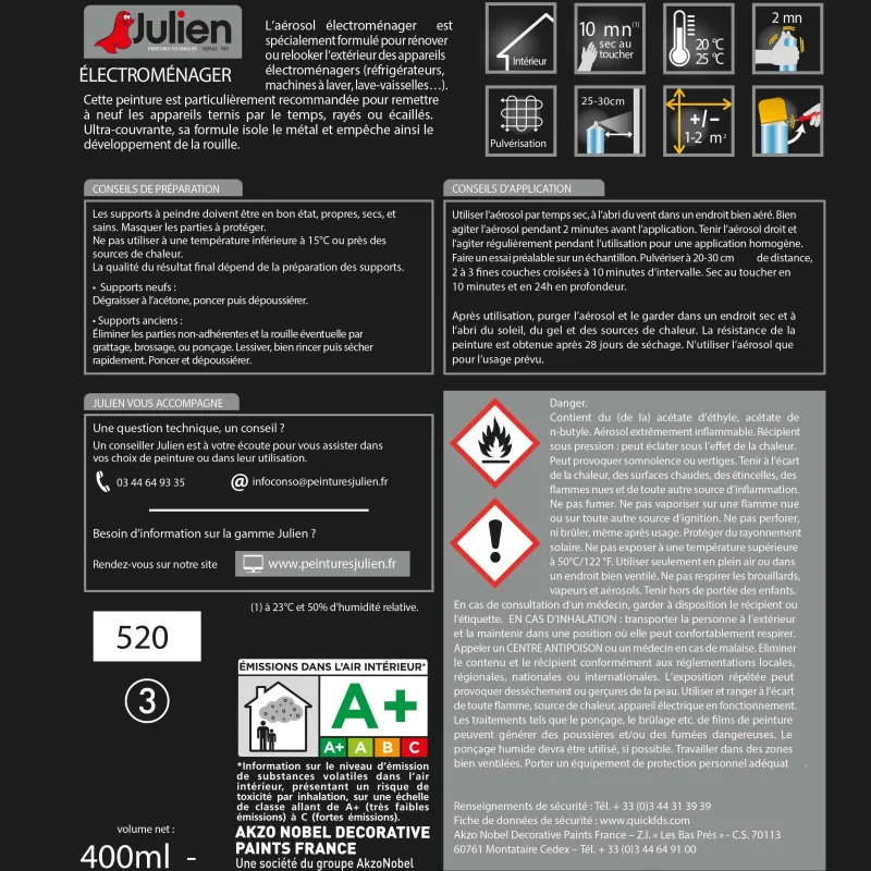 JULIEN Peinture Aérosol Électroménager Satin Gris Alu 400 ml