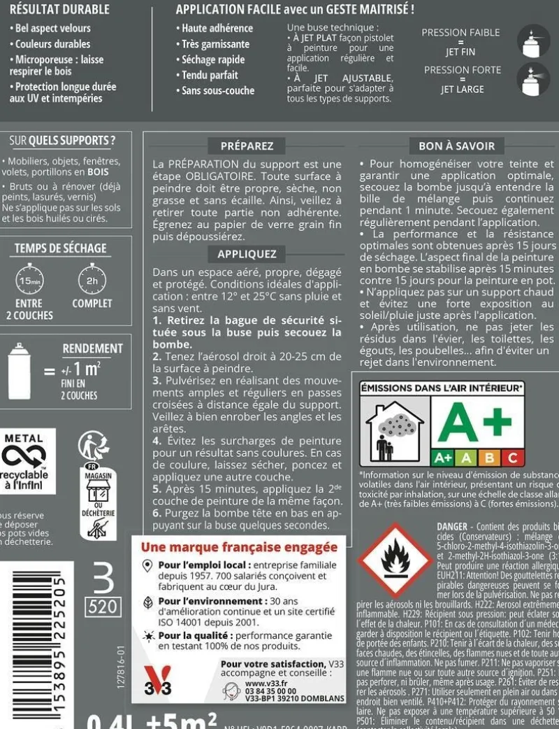 Online V33 Peinture bois aérosol couleurs d'ici blanc ral9010 400ml
