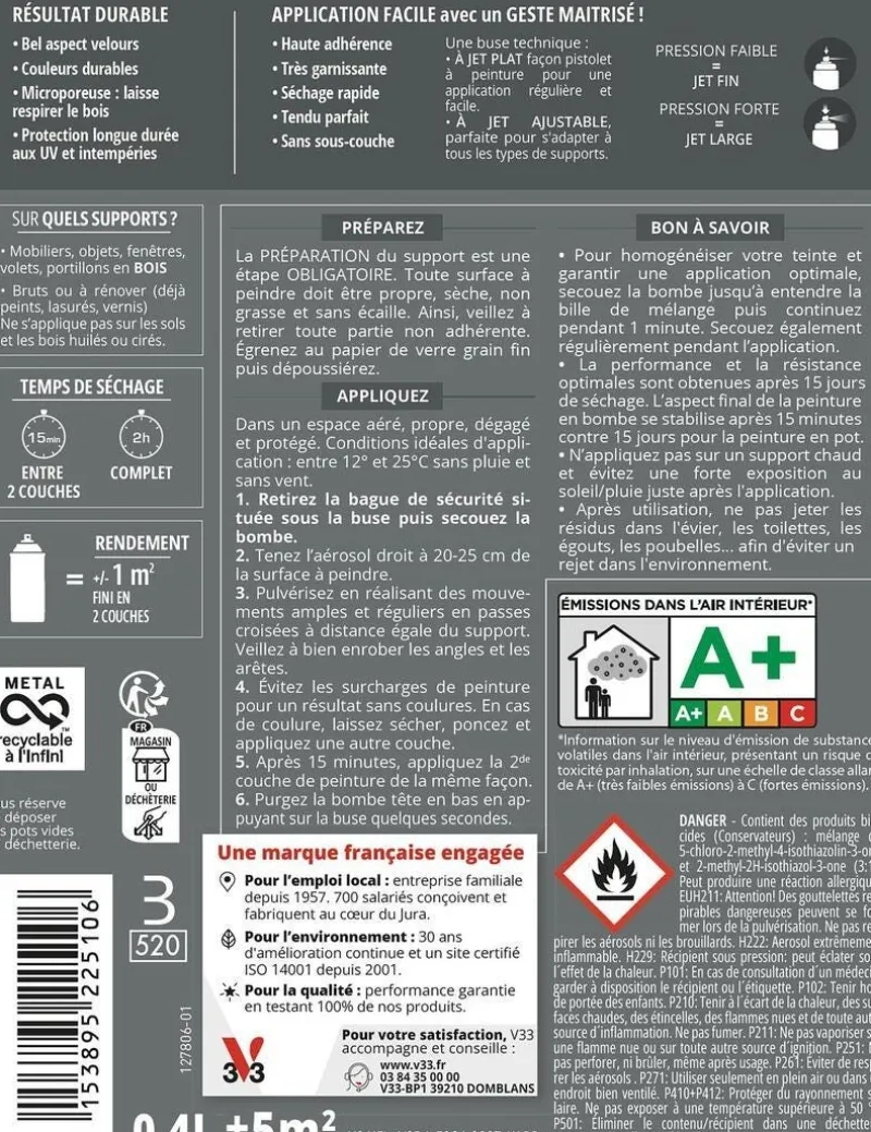 V33 Peinture bois aérosol couleurs d'ici vert profond 400ml