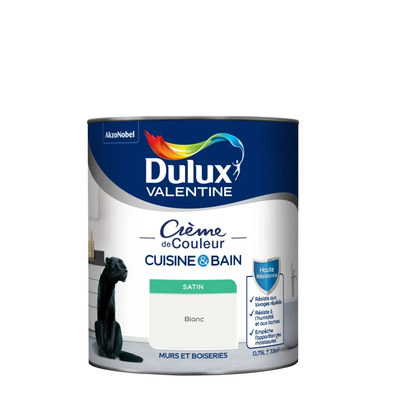 Outlet DULUX VALENTINE Peinture Crème de Couleur Cuisine/Bain Satin Blanc 0,75L