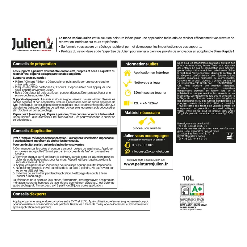 Outlet JULIEN Peinture intérieure Blanc rapide satin base white 10L