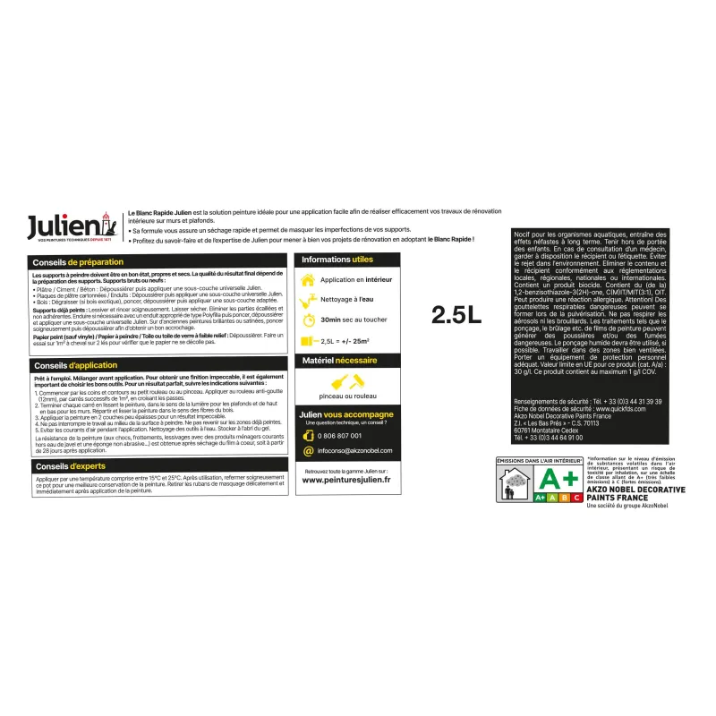 Sale JULIEN Peinture intérieure Blanc rapide satin base white 2,5L