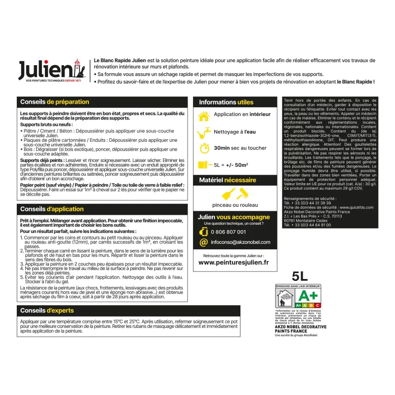 New JULIEN Peinture intérieure Blanc rapide velours base white 5L