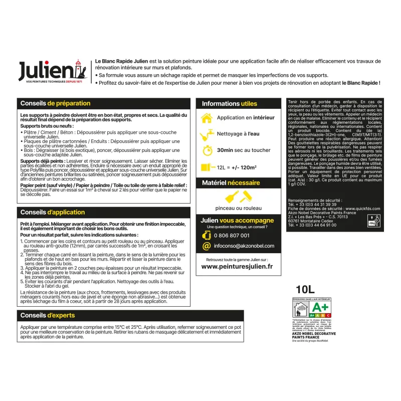 Hot JULIEN Peinture intérieure Blanc rapide velours base white 10L