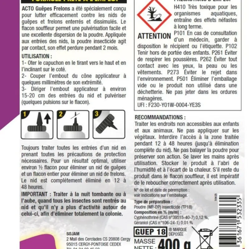 Online ACTO Poudre pour nids de guêpes et frelons enterrés 400g