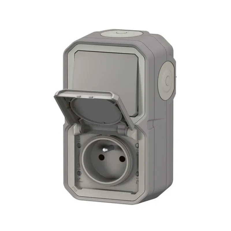 New LEGRAND Prise de courant + va-et-vient étanche Plexo vertical gris