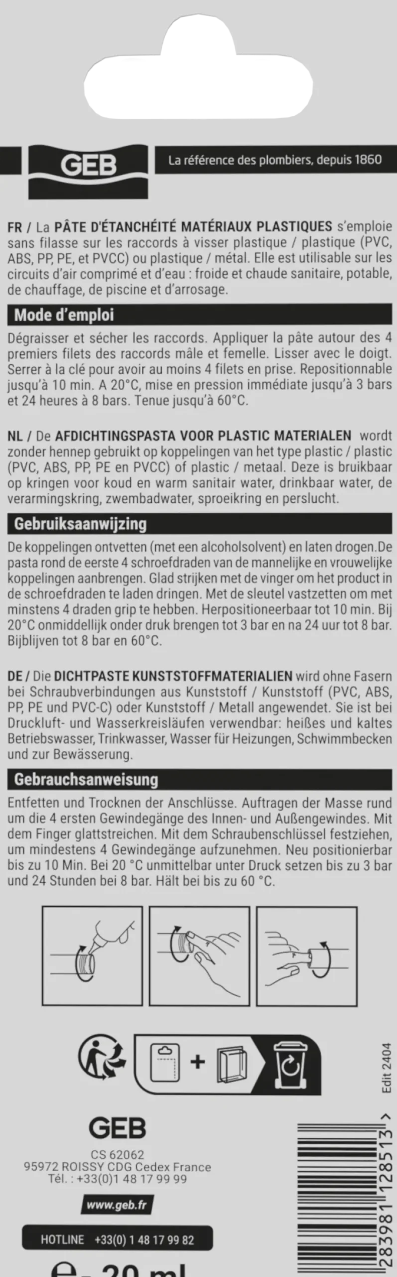 GEB Pâte d'étanchéité pour raccords plastiques à visser 20ml