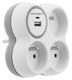 ZENITECH Triplite 16A + chargeurs USB A+C + blanc/gris bolea