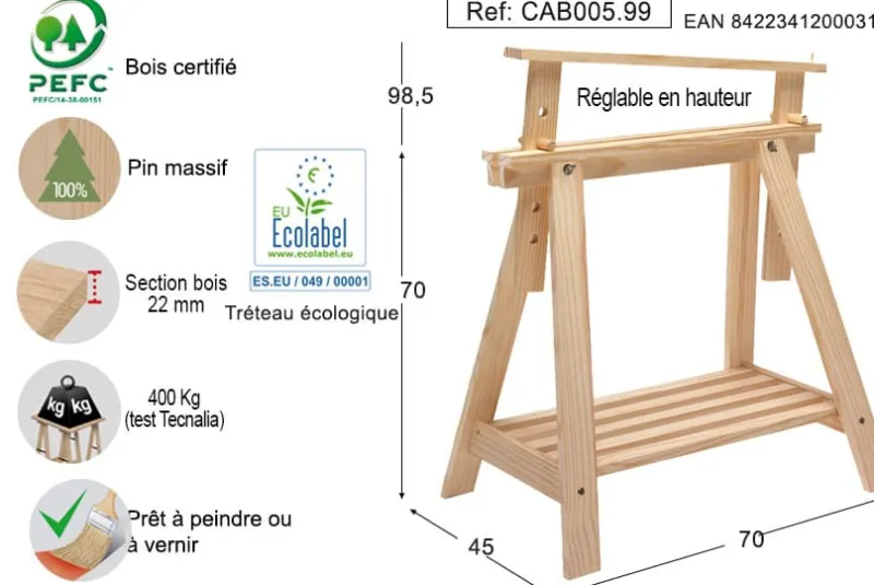 Online ASTIGARRAGA Tréteau Architec pin massif non vernis 70 à 98 cm
