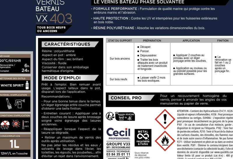 Best CECIL PROFESSIONEL Vernis bois extérieur qualité marine incolore brillant 1L