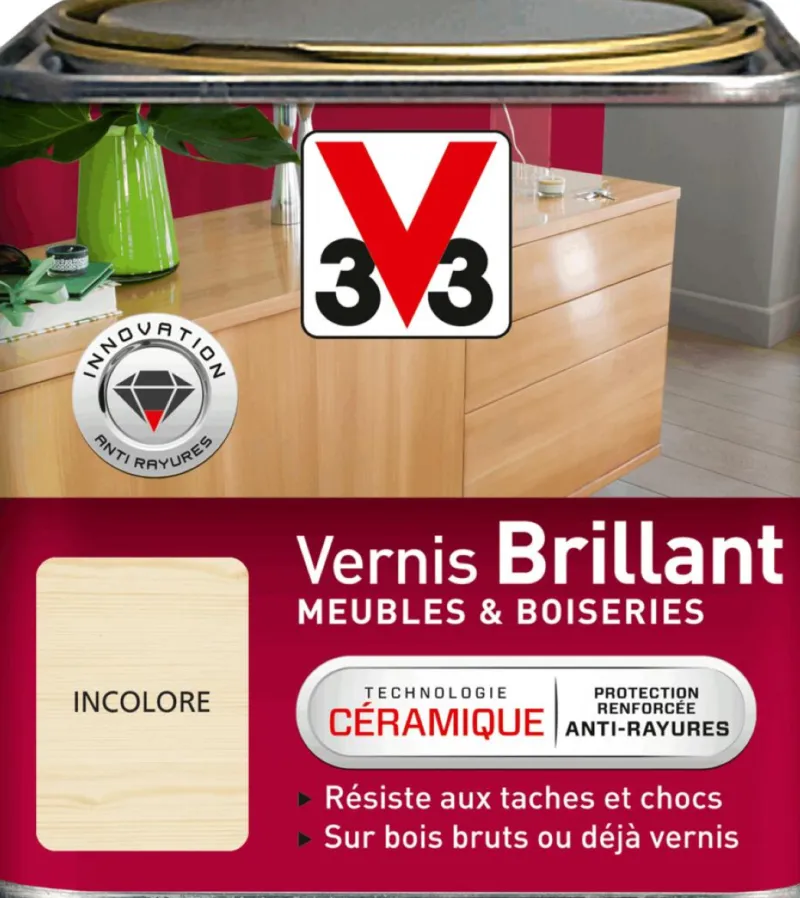 V33 Vernis intérieur meubles/boiseries incolore brillant 0,5L
